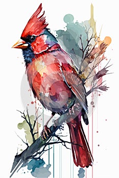 Watercolor red cardinal bird isolated on white background vector illustration.