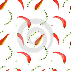 Watercolor red chili peppers and thyme herb seamless pattern. Hand drawn mage for fabric, textile, fashion, packaging , wallpaper