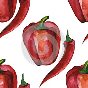 Watercolor Red chilli pepper. Mexican food. Seamless pattern