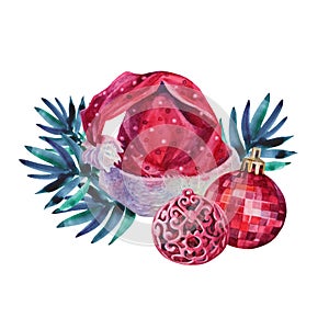 Watercolor red christmas tree, decoration ball, hat for santa isolated on white background. Hand-drawn element clipart