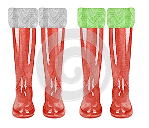 Watercolor red christmas wellies with knittet decor. Xmas red rain boots, holiday welly boots. Watercolor red shoes