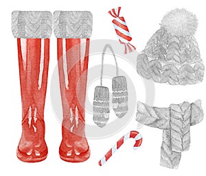 Watercolor red christmas wellies with knittet elements - hat, scarf and mittens. Xmas red rain boots, holiday welly boots.