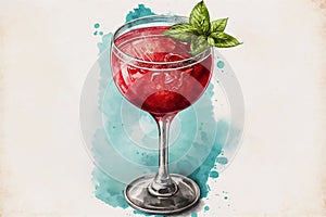 Watercolor red cocktail cosmopolitan decorated with mint on a background of watercolor stains.