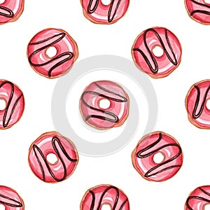 watercolor red donuts seamless pattern on white background