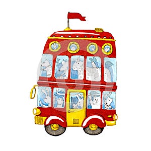 Watercolor red double-decker animal kids bus.