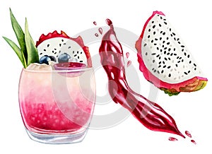 Watercolor red dragon fruit juice splashes and blots, pitaya slice and iced limonade illustration set. Juicy splatters