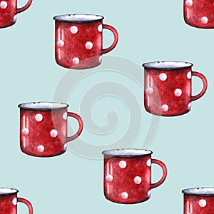 Watercolor red enamel polka dot mug cup seamless pattern. Decorative retro chevron. Blue green