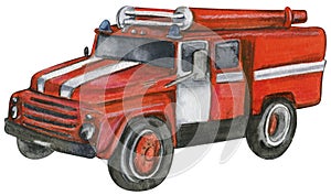 Watercolor red fire truck. Hand drawn firefighters transport. Rescue car. For design invitations, poster, nursery clipart