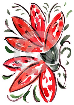 Watercolor red flowers impression painting