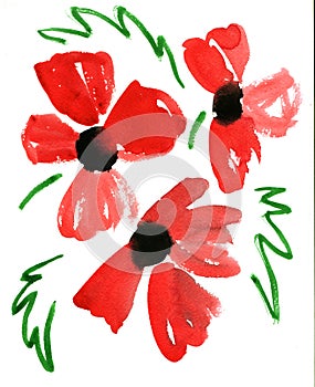 Watercolor red flowers impression painting