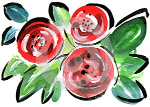 Watercolor red flowers impression painting