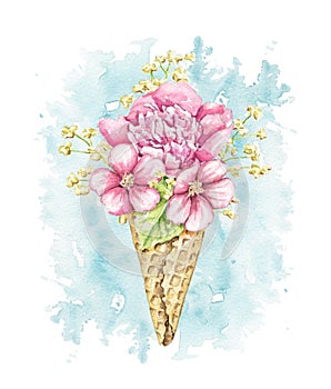 Watercolor red flowers in waffle cone on blue stain backdrop