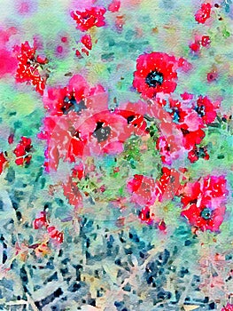 Watercolor red flowers wall art background