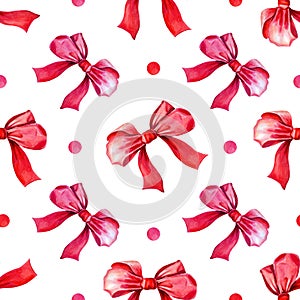 Watercolor red gift bow. Seamless pattern.Isolated image on white