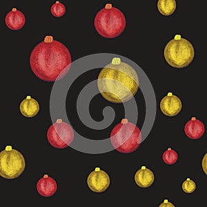 Watercolor red and golden Christmas balls on black background. Seamless pattern. Hand drawing. celebration print, packaging, wallp