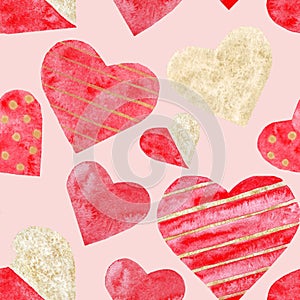 Watercolor red and golden hearts seamless pattern love wedding valentine day