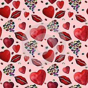 Watercolor red heart and lips and shiny stone