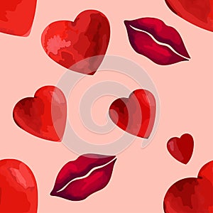 Watercolor red heart and lips and shiny stone