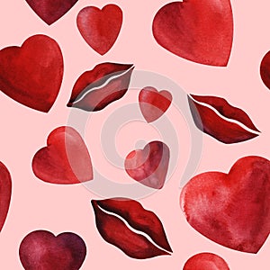 Watercolor red heart and lips and shiny stone