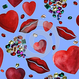 Watercolor red heart and lips and shiny stone