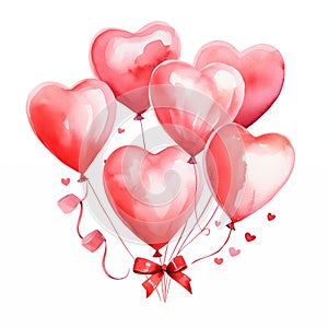 Watercolor of red heart shaped balloons. Valentines day