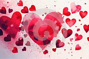 Watercolor red hearts background design. Generative ai