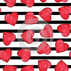 Watercolor red hearts Saint Valentine`s Day seamless pattern