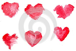 Watercolor red hearts  on a white background. Abstract hand pained
