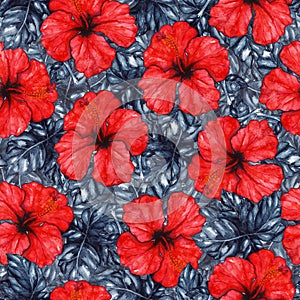 Watercolor red hibiscus karkade tropical exotic flower plant seamless pattern