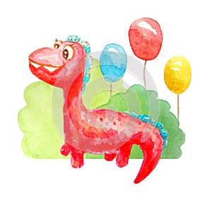 Watercolor red kind cartoon  dinosaur congratulates, invites, smiles and is affable on the background of three gel balls