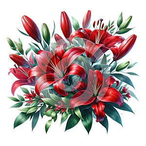 watercolor of Red Lily flower bouquet and greenery leaves clipar