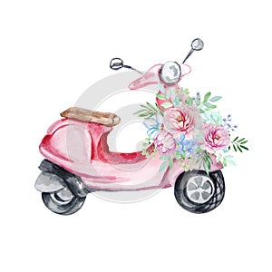 Watercolor red moped with peonies