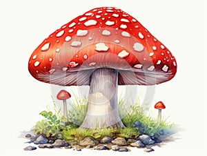 Watercolor Red Mushroom, Aquarelle Fly Agaric, Creative Watercolor Wild Fungi, Watercolour Fungus