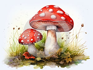 Watercolor Red Mushroom, Aquarelle Fly Agaric, Creative Watercolor Wild Fungi, Watercolour Fungus