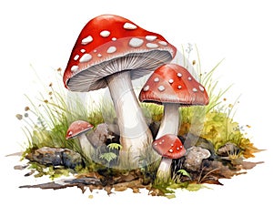 Watercolor Red Mushroom, Aquarelle Fly Agaric, Creative Watercolor Wild Fungi, Watercolour Fungus