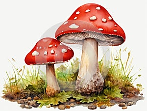 Watercolor Red Mushroom, Aquarelle Fly Agaric, Creative Watercolor Wild Fungi, Watercolour Fungus