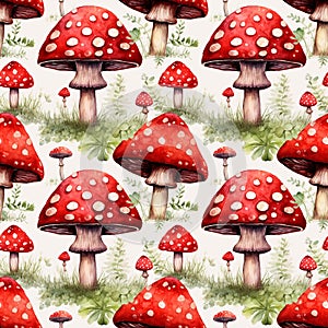 Watercolor Red Mushroom Seamless Pattern, Aquarelle Fly Agaric, Watercolor Wild Fungi Tile