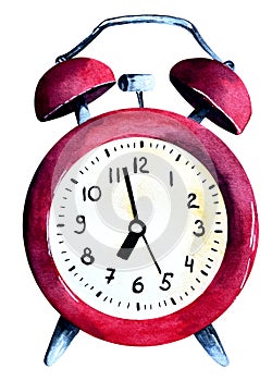 Watercolor red old style alarm clock on white background
