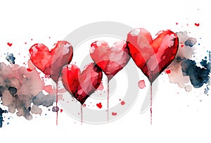 Watercolor red painted hearts balloons