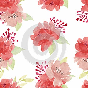 Watercolor red peony flower seamless pattern