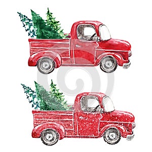 Watercolor red pickup truck and forest pine trees, isolated on white background.Winter Christmas vintage car illustration. photo