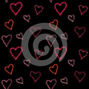Watercolor red, pink, orange hearts seamless  pattern on black background . Colorful watercolor romantic texture. Hand painted