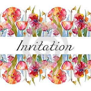 Watercolor red poppies and green leaves summer flower wedding invite. Ideal for greeting card or save the date template botanical