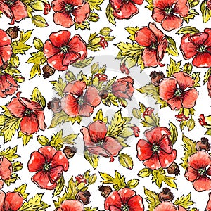 Watercolor red poppies seamless pattern with boxes