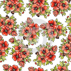 Watercolor red poppies seamless pattern with boxes