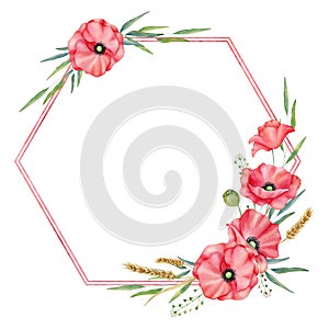 Watercolor red poppies and wheats. Meadow wreath. Hand drawn illustration isolated on white background.