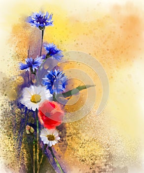 Watercolor red poppy flowers, blue cornflower and white daisy painting