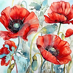 Watercolor red poppy flowers. illustration isolated on white background. Generative AI