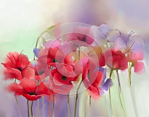 Watercolor red poppy flowers painting