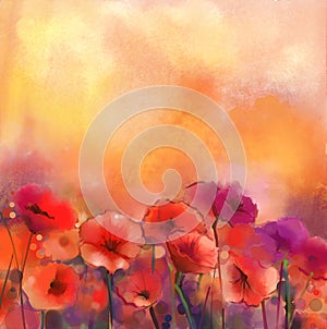 Watercolor red poppy flowers painting